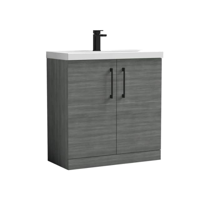 Balterley Level Contemporary Bathroom Floor Standing 2-Door Vanity Unit & Mid-Edge Basin, Anthracite Woodgrain, 800mm
