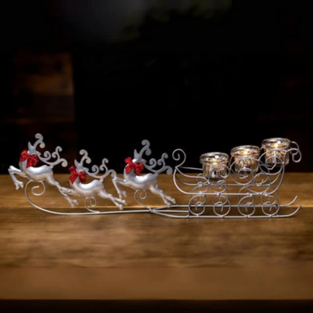 Silver Reindeer & Sleigh Tealight Candle Holder