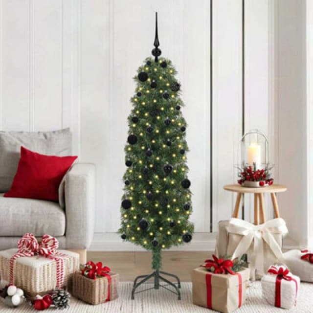 vidaXL Artificial Christmas Tree with 150 LEDs, Black Balls with Stand Green 150 cm, Green 3394931