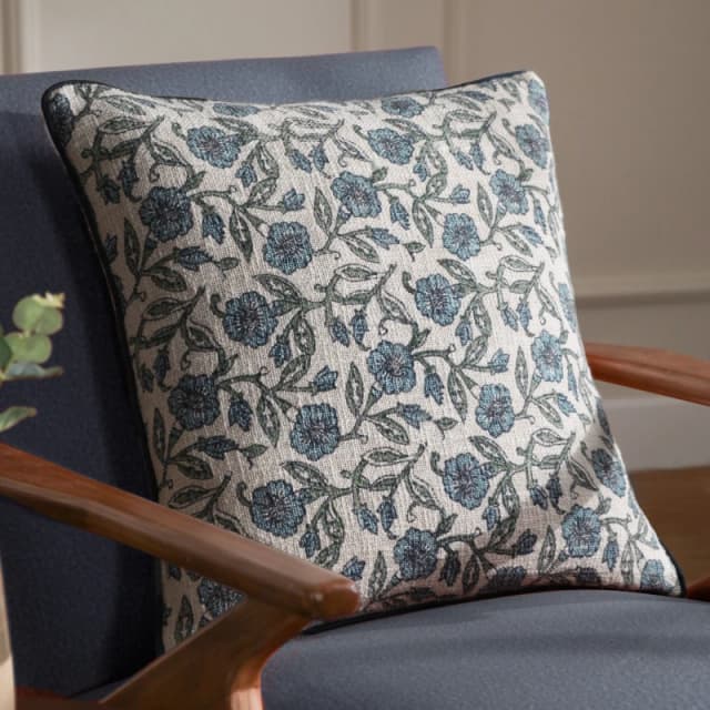 Paoletti Delphine Square Floral Piped Polyester Filled Cushion Mid Blue