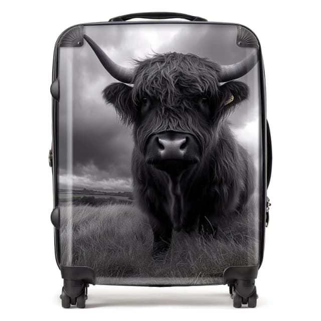Warren Reed - Designer Black & White Highland Cow Suitcase in Grey Size: Large Grey Unisex Large