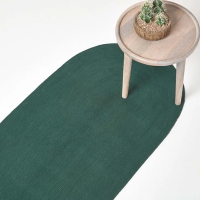 Homescapes Handmade Woven Braided Oval Hallway Rug, 66 x 200cm Dark Green