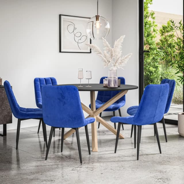 More4Homes Malvern Round Dining Table And Chairs - Black Table Top W Solid Oak Legs + Nova Velvet Dining Chair Set Of 6 (Blue)