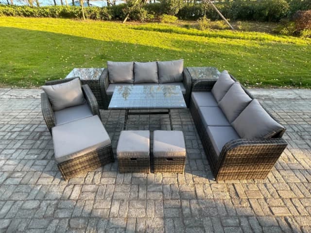 Fimous Wicker 9 Pieces Rattan Garden Furniture Sofa Set with Rectangular Dining Table Armchair 3 Footstools 2 Side Tables Dark Grey Mixed Dark Grey