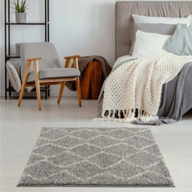 THE RUGS Moroccan Soft Shaggy Rugs & Runners Grey & Ivory Living Room Size: 120cm x 120cm Grey Unisex 120cm x 120 cm