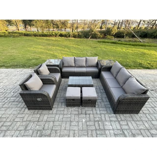 Fimous Rattan Outdoor Garden Furniture Sofa Set Patio Table & Chairs Set with 3 Seater Sofa Reclining Chair Small Footstools 3 Seater Sofa 2 Side Tabl