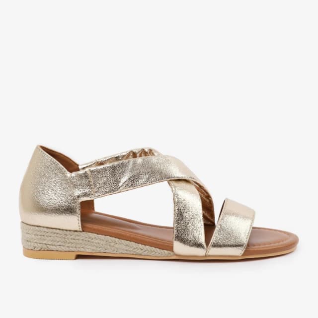 Where's That From 'Hummingbird' Low Wedge Shoes With Cross Over Strap Gold