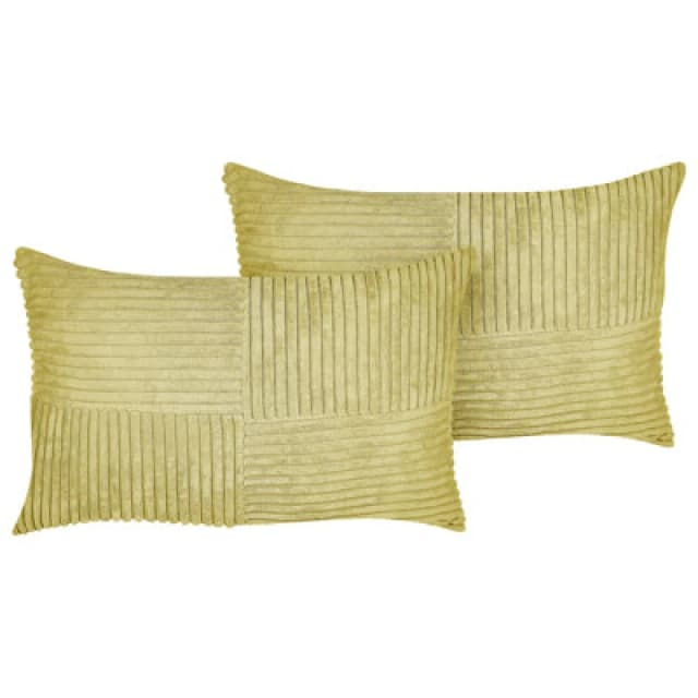 Beliani Set Of 2 Decorative Cushions Millet Corduroy 30 X 50 Cm Olive Green Geometric Pattern