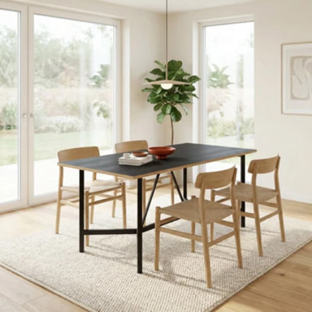 Decortie Modern Dalma Rectangle Dining Table 6 Seater Kitchen Table 140(D)Cm W/metal Legs For Indoor Black Wood, Appleply