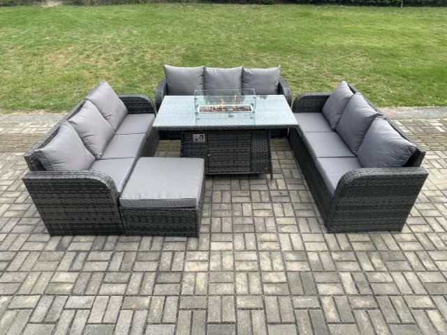 Fimous Rattan Furniture Garden Dining Set Gas Fire Pit Table With 3 Seater Sofa Footstool Dark Grey Mixed Dark Grey