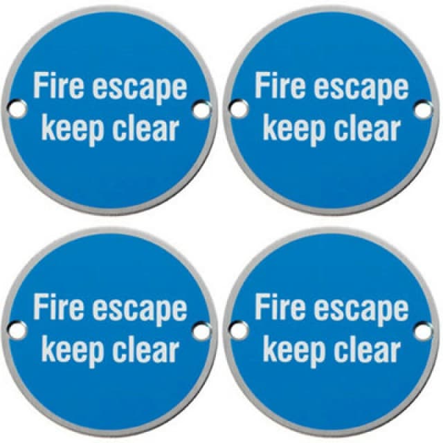 Loops 4x Fire Door Keep Clear Sign 64mm Fixing Centres 76mm Dia Satin Steel Metallics