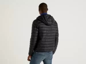Benetton, Black Lightweight Puffer Jacket With Hood, taglia S, Black, Men