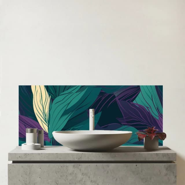 Warren Reed - Designer Green Purple Tropical Leaves Glass Bathroom Splashback Green Unisex