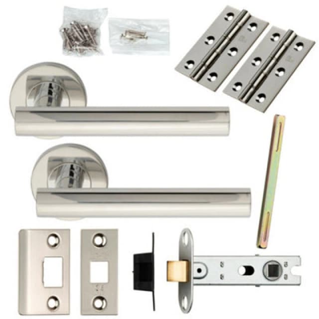 Loops Door Handle & Latch Pack Polished Steel Round T Bar Lever Screwless Rose Metallics