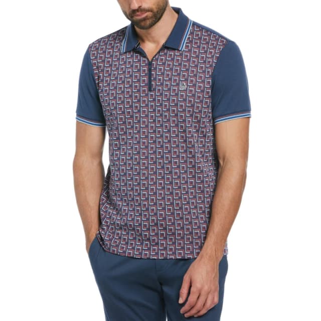 Original Penguin Mens Jacquard Quarter-Zip Short-Sleeve Polo Shirt Sargasso Sea male Small