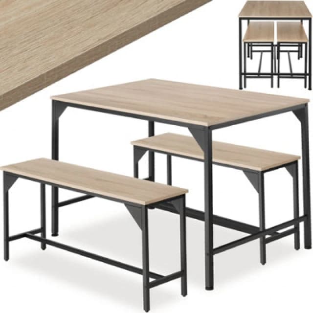 Tectake Dining Table Set Bolton - 3 Piece, 2 Benches - Industrial Wood Light, Oak Sonoma