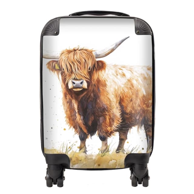 Warren Reed - Designer Watercolour Highland Cow Suitcase in Brown Size: Small Brown Unisex Small