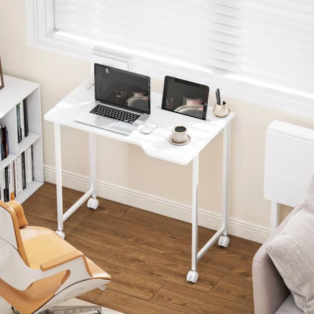 HOMCOM Small Writing Desk with Wheels, Folding Study Table in White White Unisex