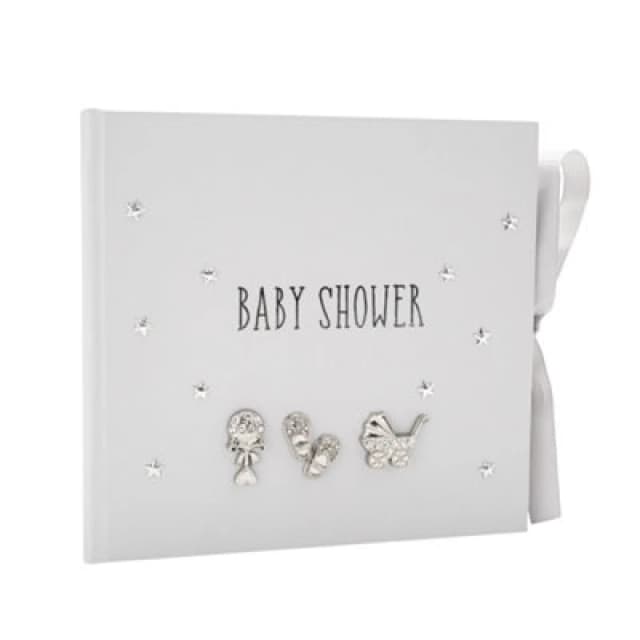 Happy Homewares Baby Shower Photo Album With Silver Plated Rattle Pram And Booties