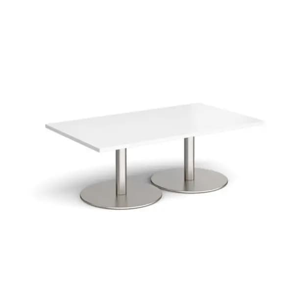 Monza Monza rectangular coffee table with flat round brushed steel bases 1400mm x 800mm - white White MCR1400-BS-WH