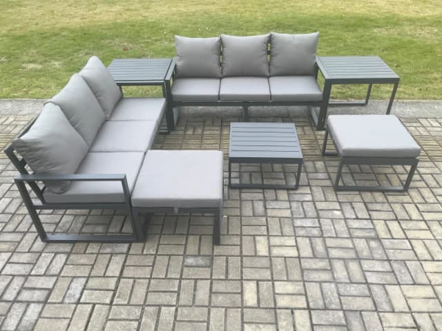 Fimous Aluminium 8 Seater Outdoor Garden Furniture Lounge Sofa Set with Square Coffee Table 2 Side Tables 2 Big Footstools Dark Grey Dark Grey Unisex