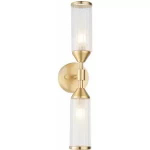Satin Brass Twin Wall Light & Ribbed Glass Shades - Frosted Glass Inner Defusers