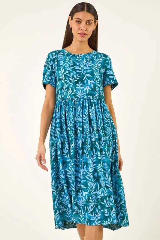 Roman Womens Leaf Print Smock Midi Dress in Blue Size: 20 Blue Female 20