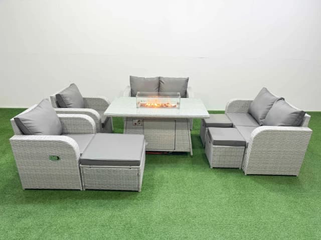 Fimous 9 Seater Outdoor Reclining Chair Love Sofa Set Rattan Garden Furniture Set with Firepit Dining Table 3 Stools Light Grey Light Grey