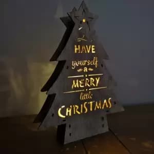 30cm Light Up Merry Christmas Wooden Tree Decoration with Warm White LEDs