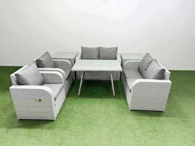 Fimous 6 Seater Rattan Garden Furniture Sets Outdoor Love Sofa Set in Light Grey Light Grey Unisex