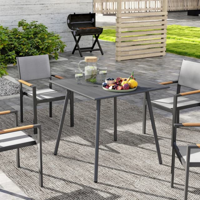 Outsunny Garden Table for 4 Person with Slat Top, Steel Frame, Grey Grey