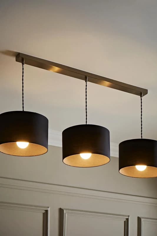 ValueLights ValueLights Reni Fabric Drum Shade 3 Drop Bar Chrome Diner Ceiling Pendant Light in Charcoal Charcoal One Size Unisex 5059406063305