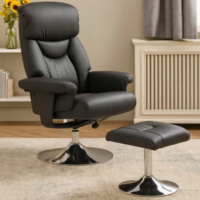 Orsina Black Leather Effect Reclining Chair And Footstool, Easy To Clean Leather Chair, Comfy Footstool
