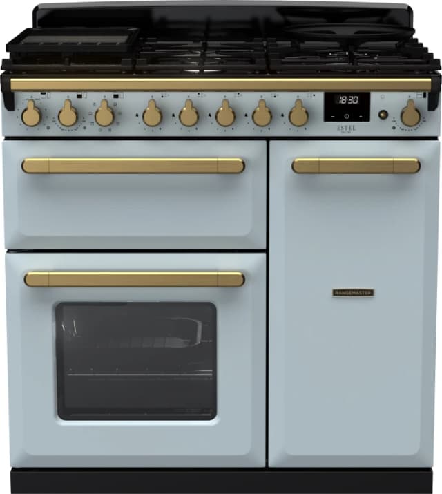 Rangemaster Estel Deluxe ESDL90DFPMSB/AB1 90cm wide Dual Fuel Range Cooker with Gas Hob - Misty Blue / Antique Brass - A/A Rated