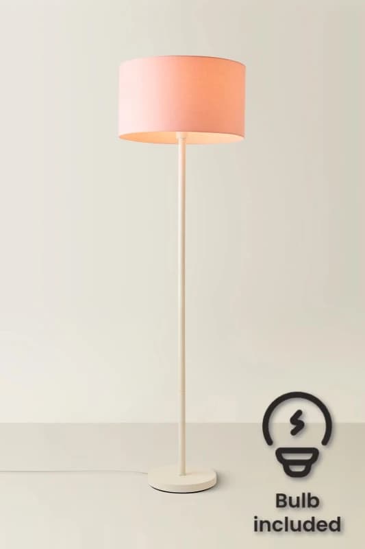 ValueLights Charlie White Single Stem Floor Lamp with Fabric Drum Lamp Shade and LED Bulb Dusty Pink