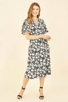 Black Floral Wrap Midi Dress