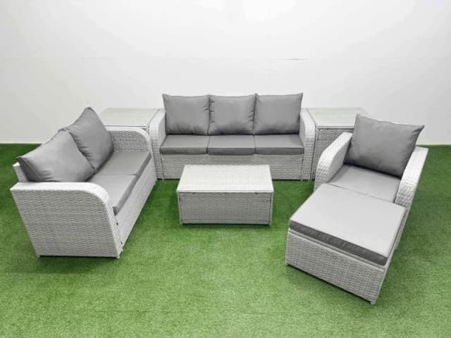 Fimous Patio PE Wicker 7 Seater Outdoor Rattan Furniture Sofa Sets with Rectangular Coffee Table Reclining Chair Loveseat Sofa 3 Seater Sofa 2 Big Foo