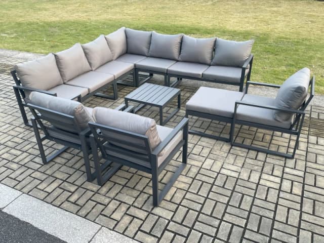 Fimous Outdoor Garden Furniture Patio Lounge Corner Sofa Aluminium Set with Square Coffee Table Big Footstool 3 Chair Dark Grey Dark Grey Unisex
