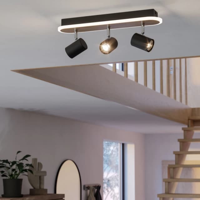 EGLO Rimbocchi Natural Wood & Steel Modern 3 Light Spotlight Black