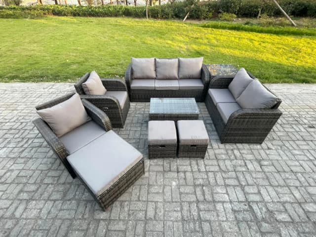 Fimous Patio Garden Furniture Sets Wicker 10 Seater Outdoor Rattan Furniture Sofa Sets with Rectangular Coffee Table Reclining Chair Dark Grey