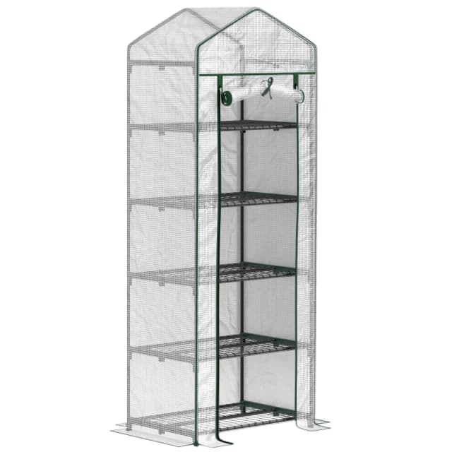 Outsunny 5 Tier Mini Greenhouse Grow House w/ Roll Up Door, White/Green Off White
