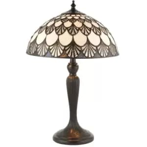 Tiffany Glass Table Lamp Light Dark Bronze & Retro Cream Scallop Shade i00222