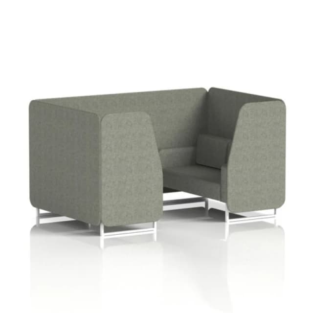 Brixworth 4 Seater Office Booth with Front Panel - White Legs in Rivet Fabric - Vitreous Panels and Sofa