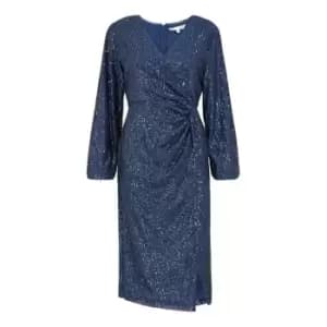Yumi Navy Sequin Ruched Wrap Dress - Blue