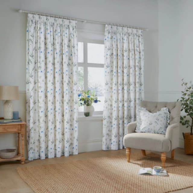 Wylder Nature Meadow Room Darkening 100% Cotton Pencil Pleat Curtain Pair White/cornflower (W)117Cm X (D)137Cm