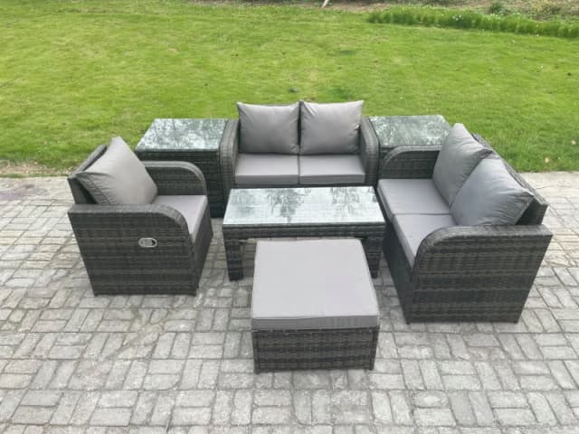 Fimous Rattan Outdoor Garden Furniture Sofa Set Patio Table & Chairs Set with Big Footstool 2 Side Tables Dark Grey Mixed Dark Grey