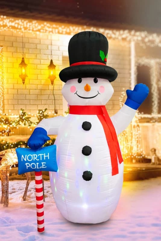 Shatchi 8ft Inflatable Hand Waving Snowman with North Pole Sign Board Pre Lit Mains Powered White LED Lights White