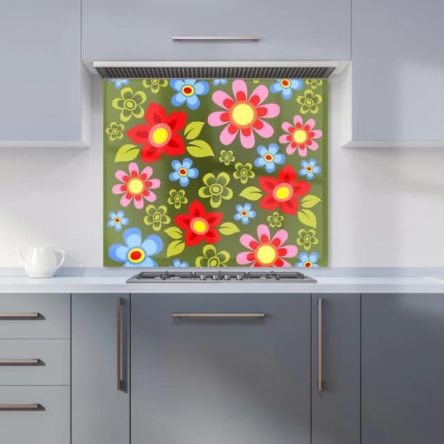 Warren Reed - Designer Red & Blue Flowers Kitchen Splashback in Green Size: 600mm x 750mm Green Unisex 600mm x 750mm