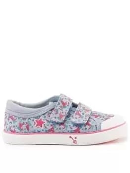 Start-rite Majestic Girls Light Blue Glitter Unicorn Print Lightweight Double Riptape Canvas Trainers - Blue, Light Blue, Size 5 Younger