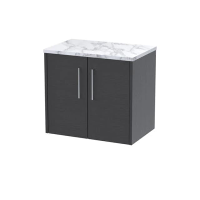 Nuie Hudson Reed Juno Wall Hung 2-Door Vanity Unit & Carrera Marble Worktop, Countertop Basin Unit In Graphite Grey Woodgrain, 600mm